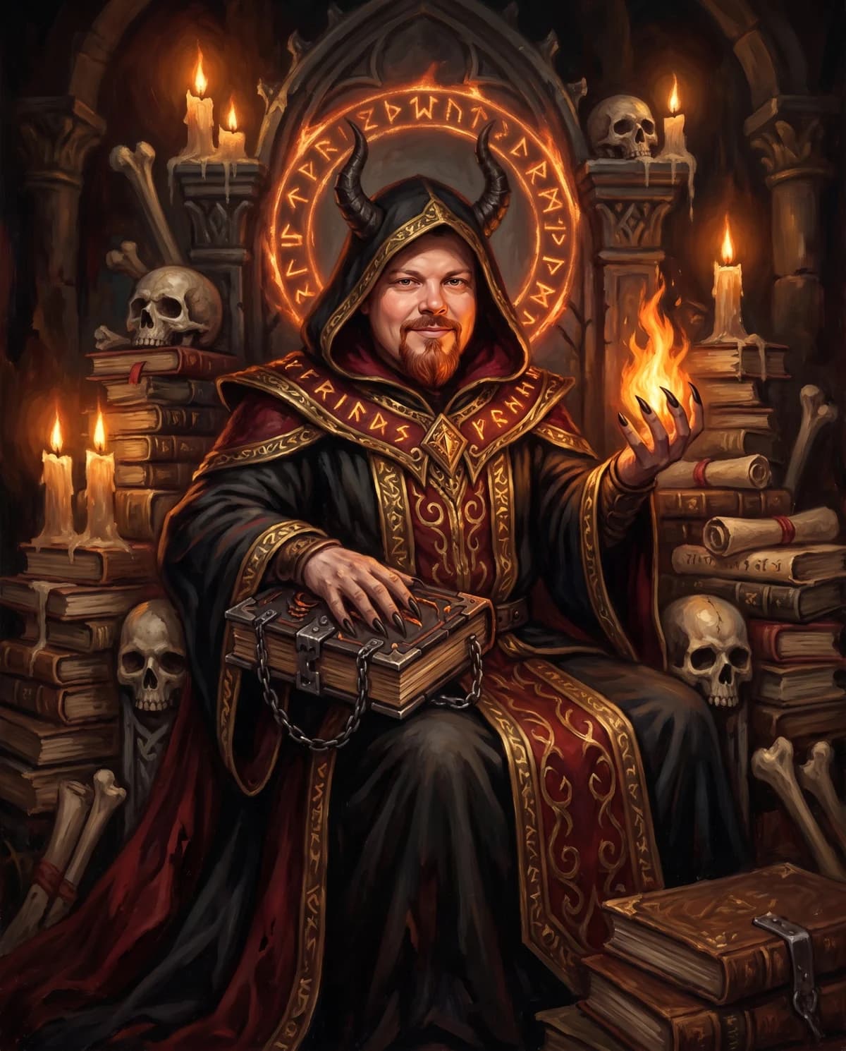 DmonicTales als Dämonenfürst auf einem Thron aus Büchern, gemalt im Ölbild-Stil